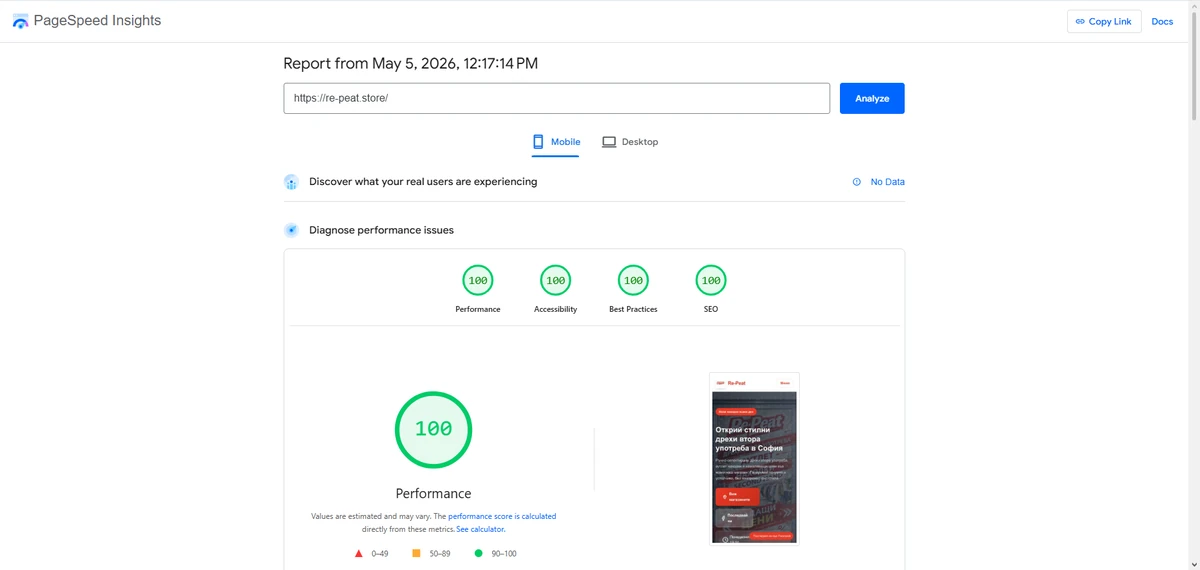 PageSpeed отчет за re-peat.store с висок резултат